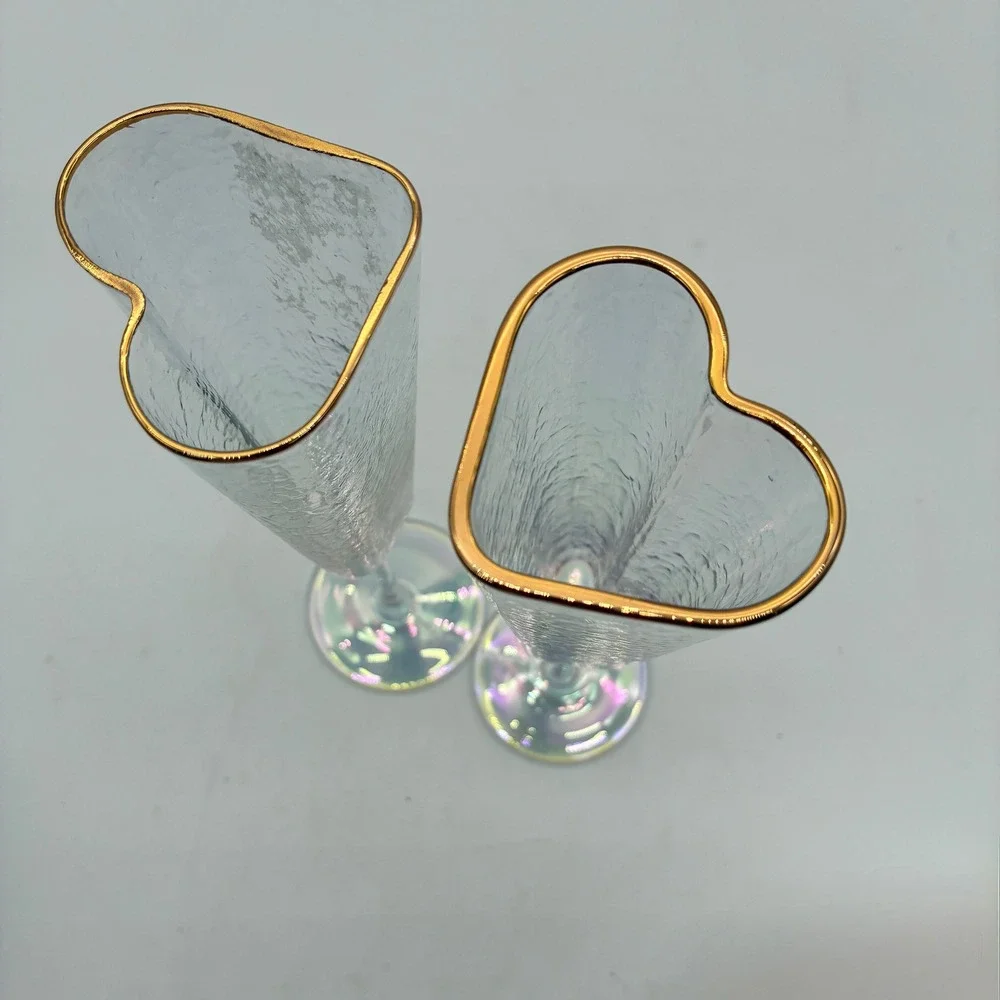 2 Iridescent Heart Shaped Long‎ Stemmed Champagne Flutes Gold Rim Textured Glass